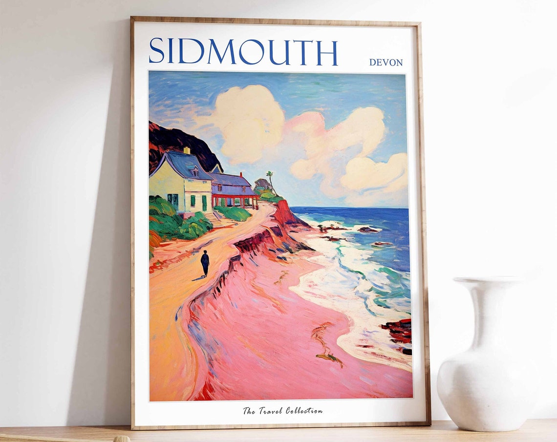 Sidmouth Devon Coastal Cottage Red Cliff Path Sea Travel Poster