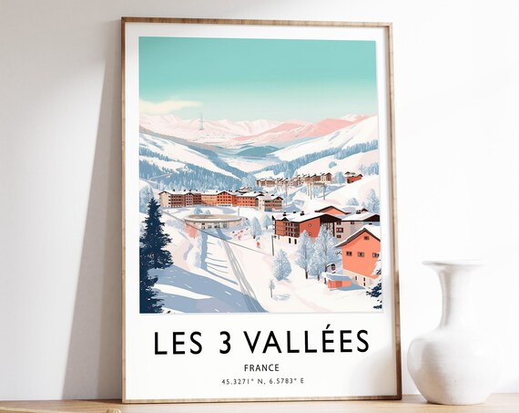 Les 3 Vallees France Pastel Ski Resort Village Alpine Travel Poster