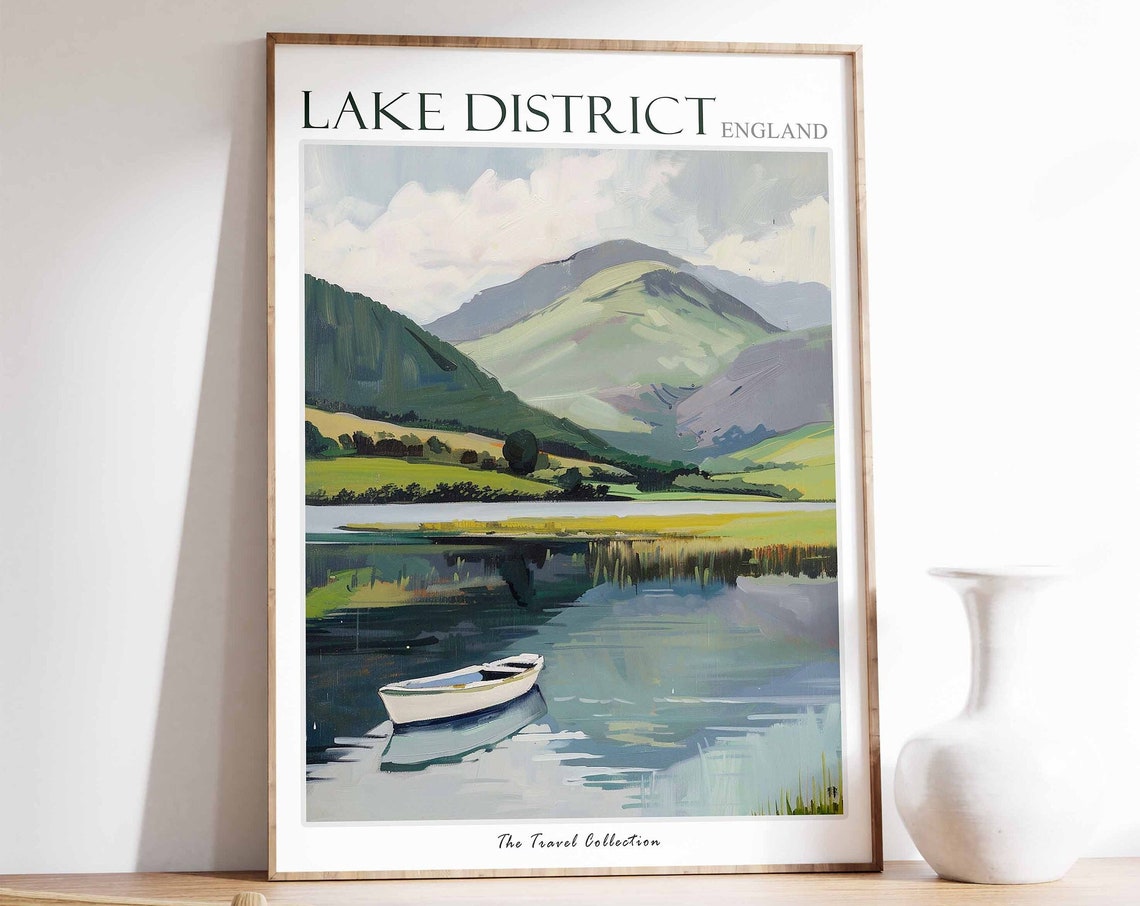 Lake District England Rowboat on Lake Green Hills Reflection Poster