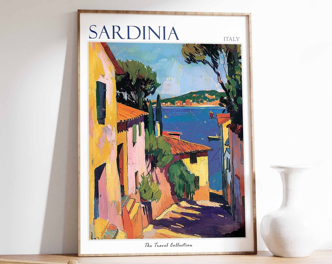Sardinia Italy Village Lane Sea View Bold Painting Travel Poster