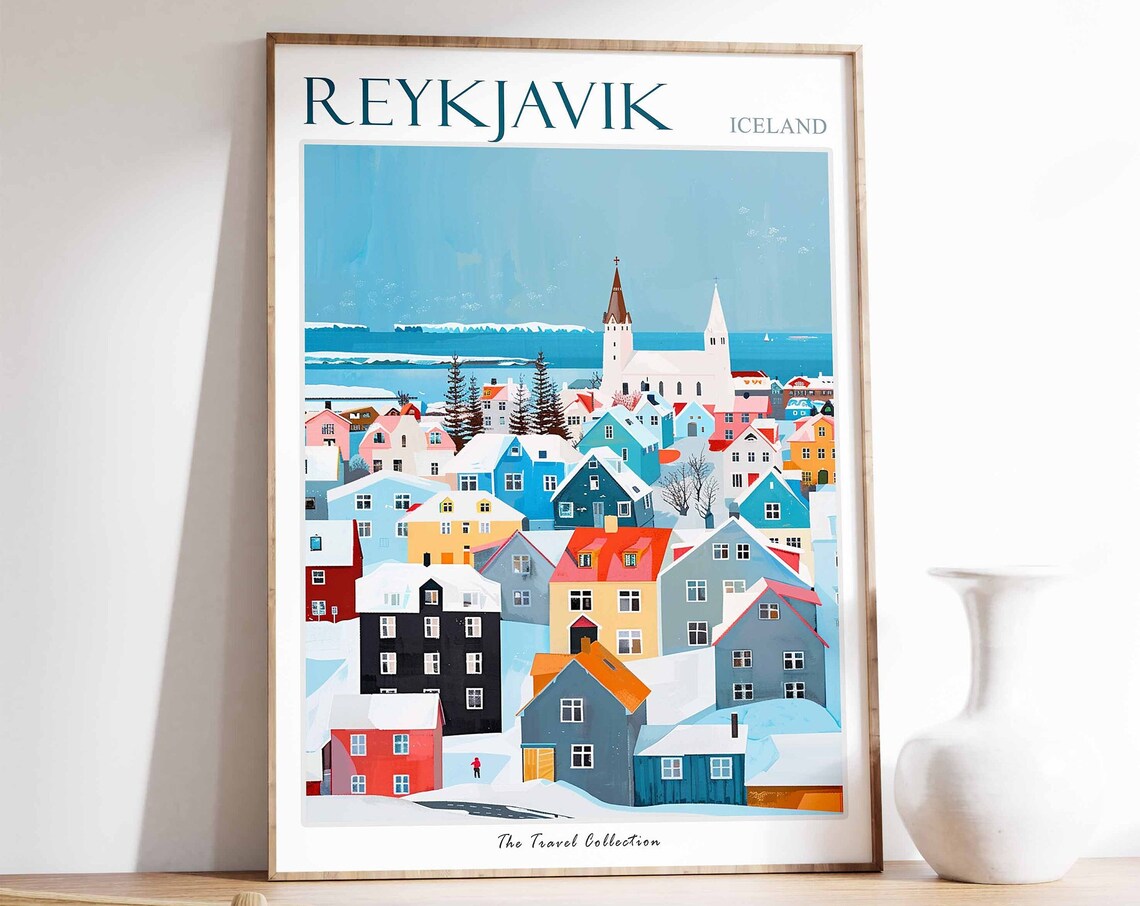 Reykjavik Iceland Snowy Colorful Houses Harbor Town Winter Poster