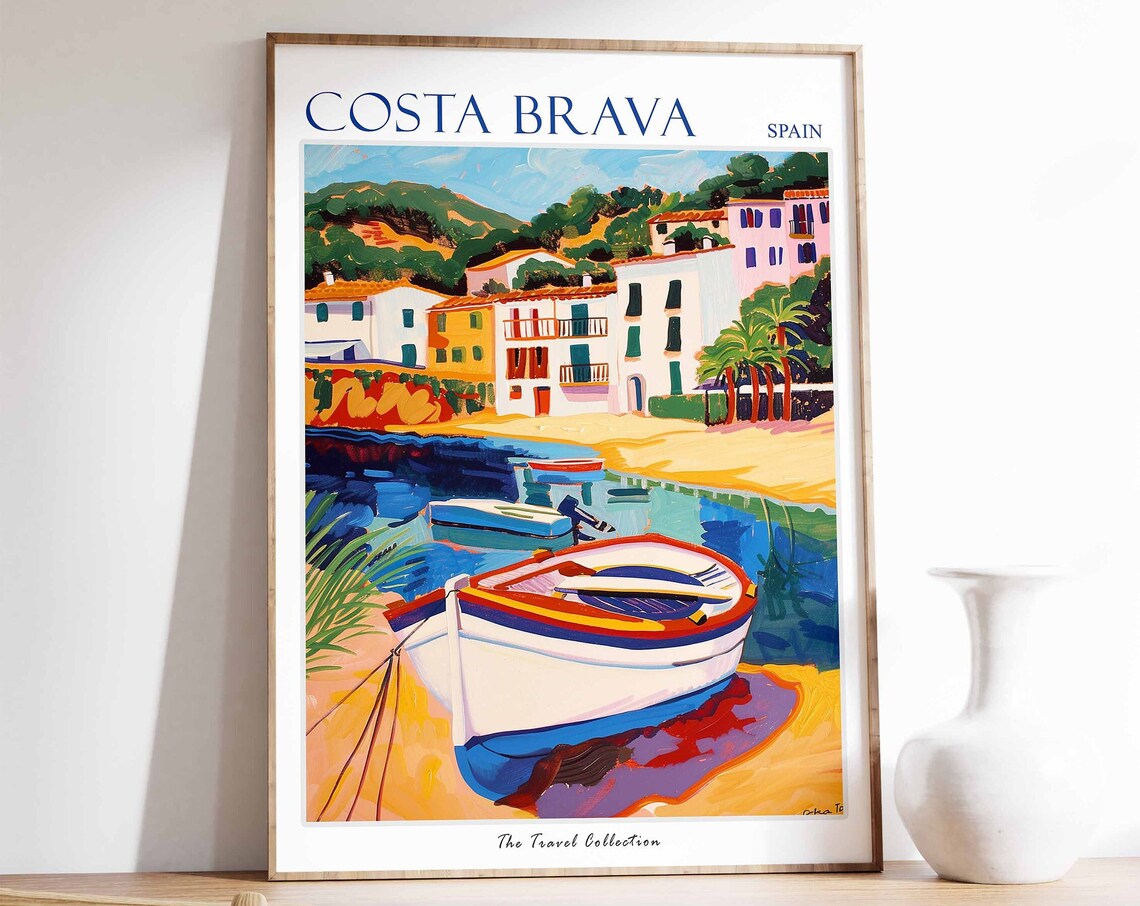 Costa Brava Spain Fishing Boat Beach Village Colorful Travel Poster