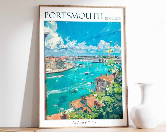 Portsmouth England Vibrant Harbour Sailboats Scene Travel Poster
