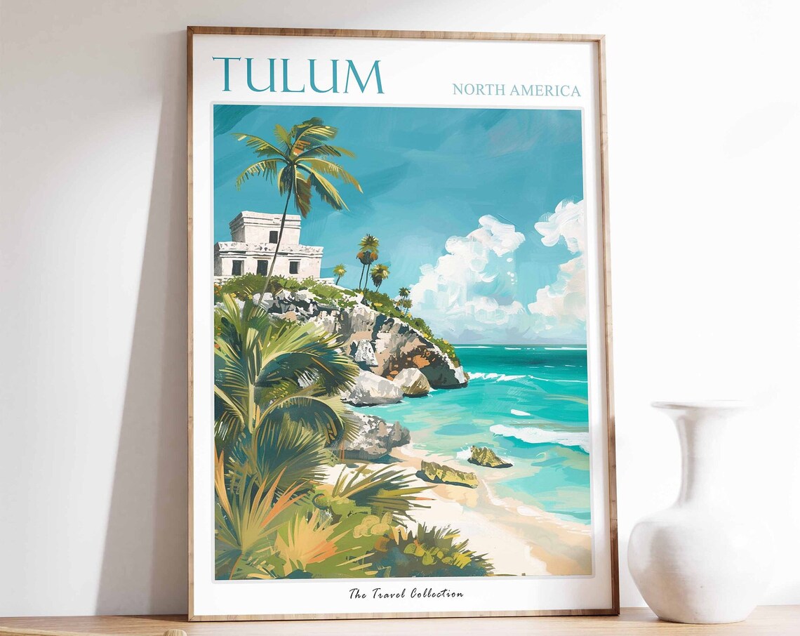 Tulum Mexico Vintage Mayan Ruins Tropical Beach Travel Poster