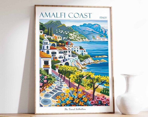 Amalfi Coast Poster Amalfi Travel Print Italy Travel Poster Tropical Decor Beach Art Travel Gift Floral Print Botanical Print