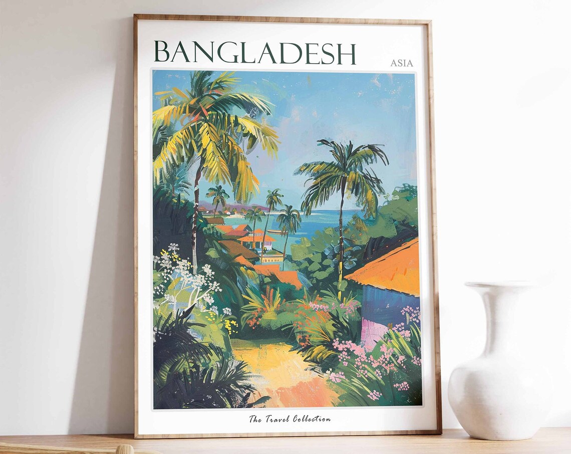 Bangladesh Asia Tropical Palm Coast Colorful Village Art Poster