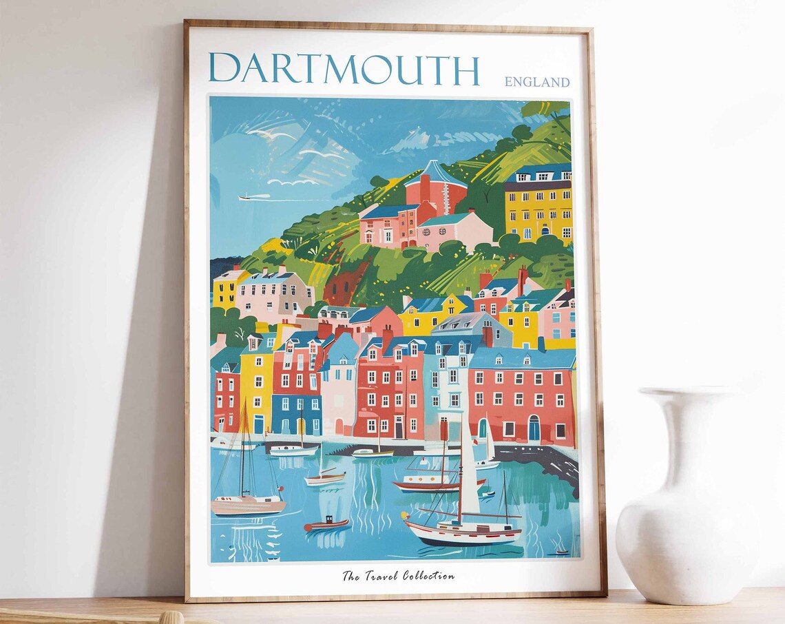 Dartmouth England Bright Waterfront Sailboats Illustrated Travel Poster