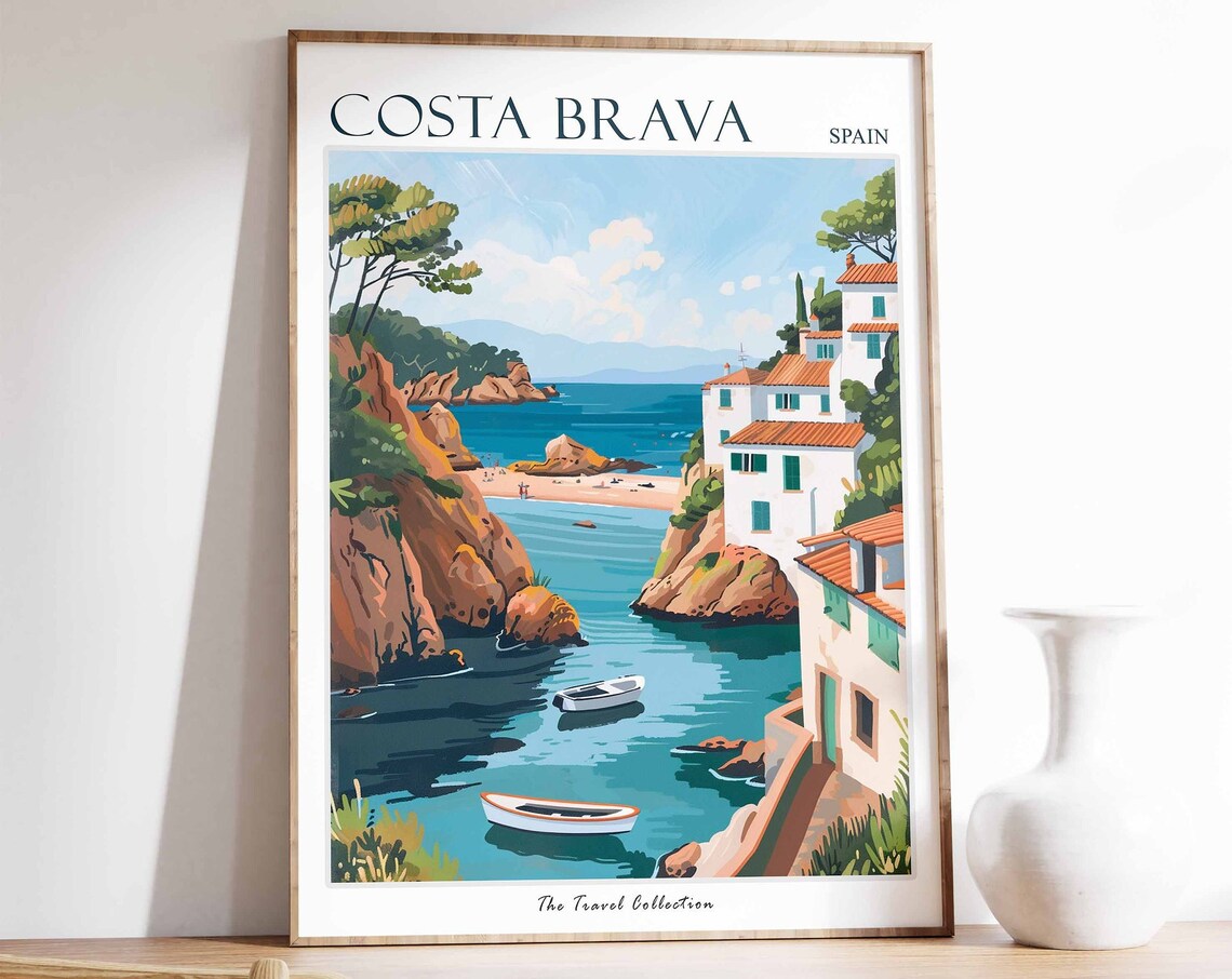 Costa Brava Spain Vintage Style Travel Poster Turquoise Cove Boats Art
