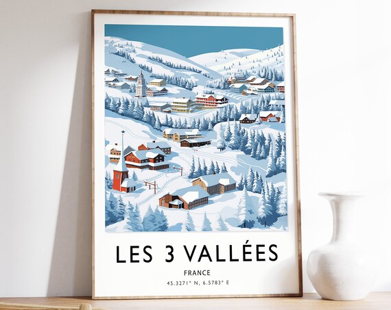 Les 3 Vallees France Snowy Village Chalets Coordinates Poster