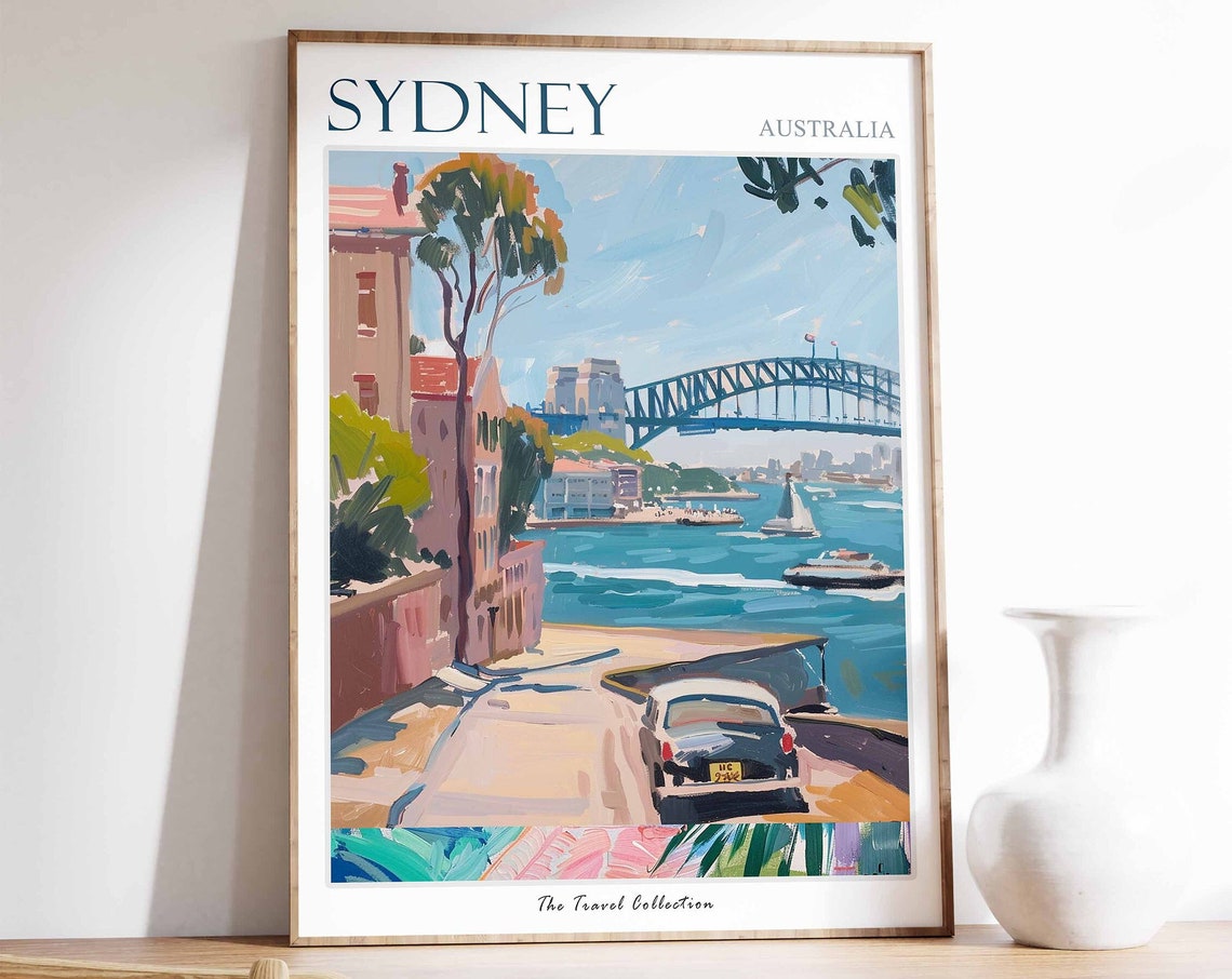 Sydney Harbour Bridge and Classic Car Vintage Travel Art Poster