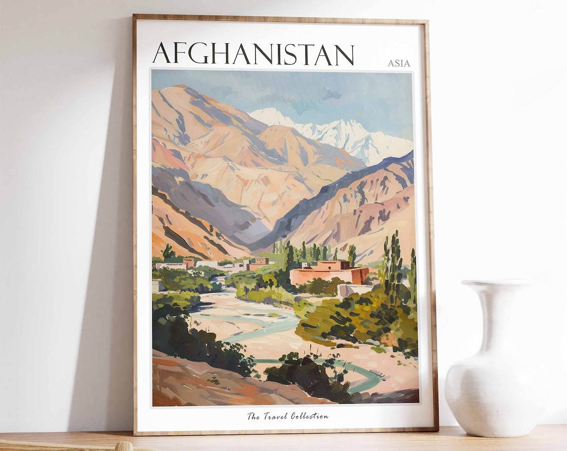 Afghanistan Asia Painted Mountain Valley Village Landscape Art Poster