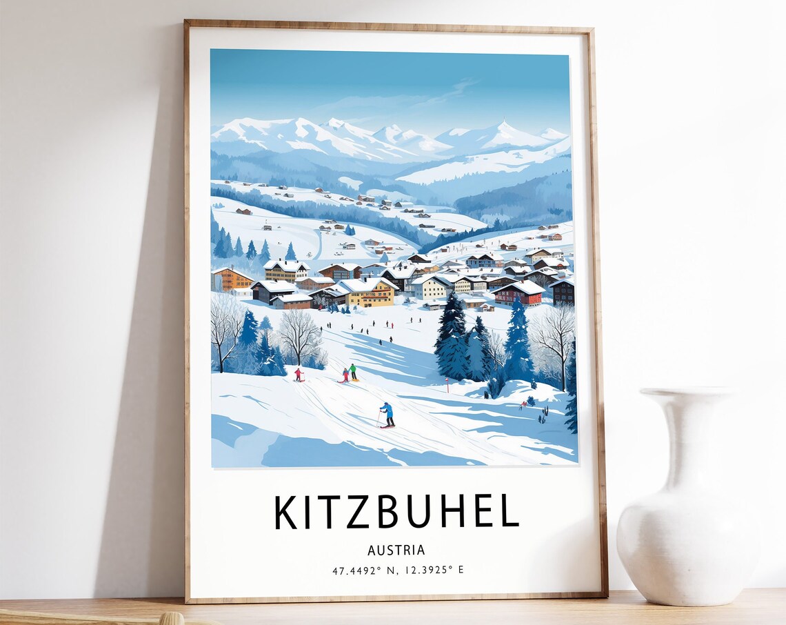 Kitzbuhel Austria Ski Village Snowy Slopes Winter Travel Poster