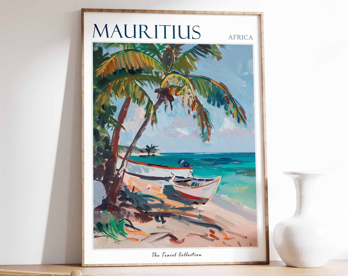 Mauritius Africa Tropical Beach Palm Boat Artwork Travel Poster