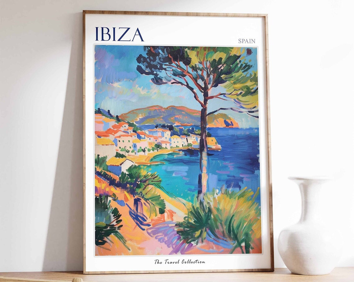Ibiza Spain Coastal Town Bay Colorful Painterly Travel Poster