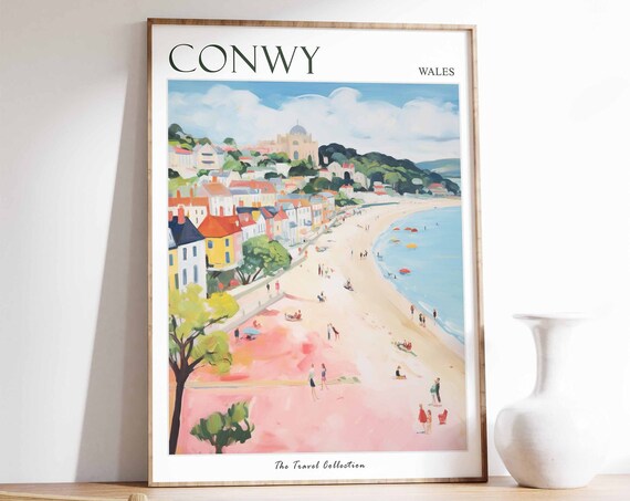 Conwy Wales Travel Poster Sandy Beach Seafront And Castle Views