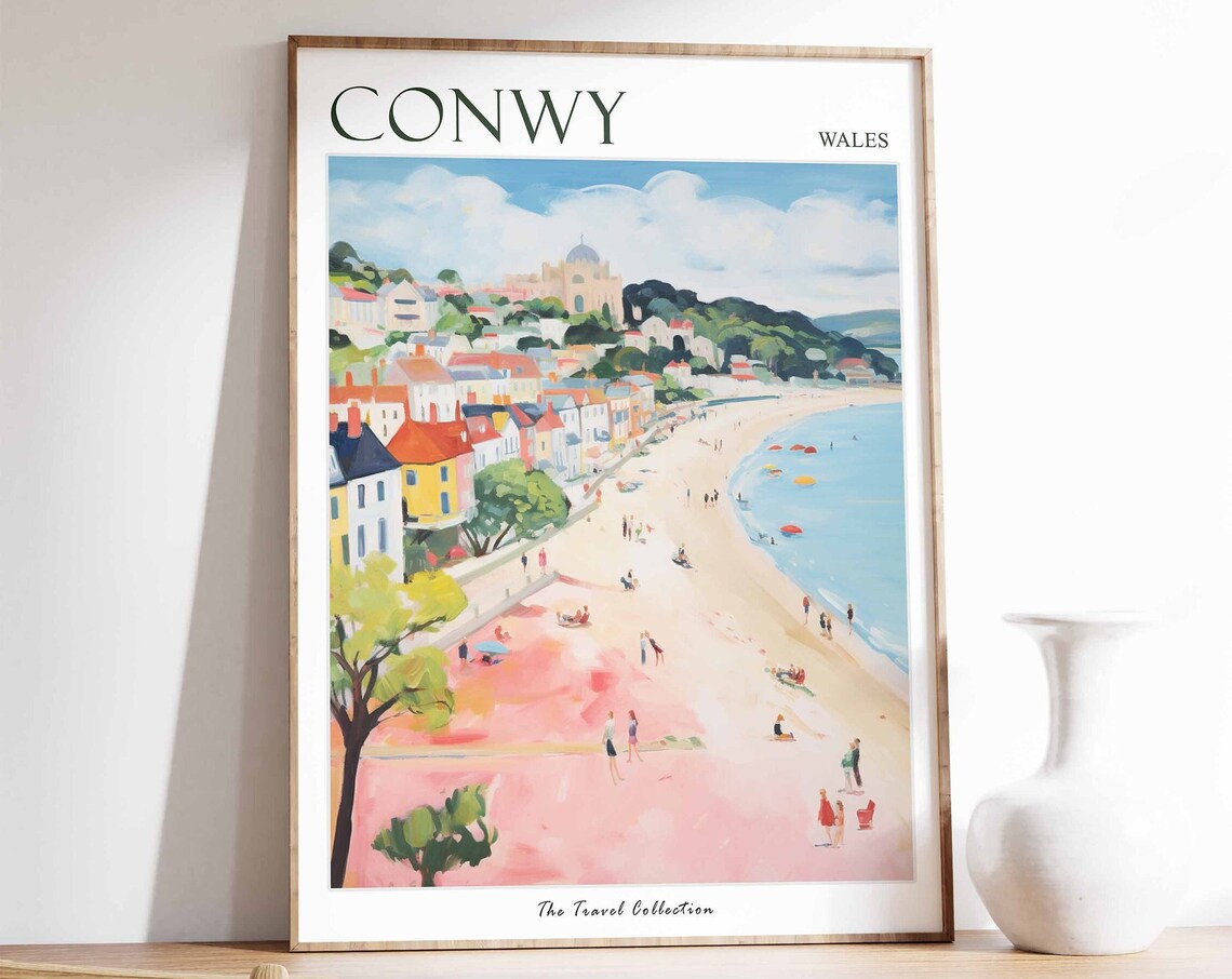 Conwy Wales Travel Poster Sandy Beach Seafront And Castle Views