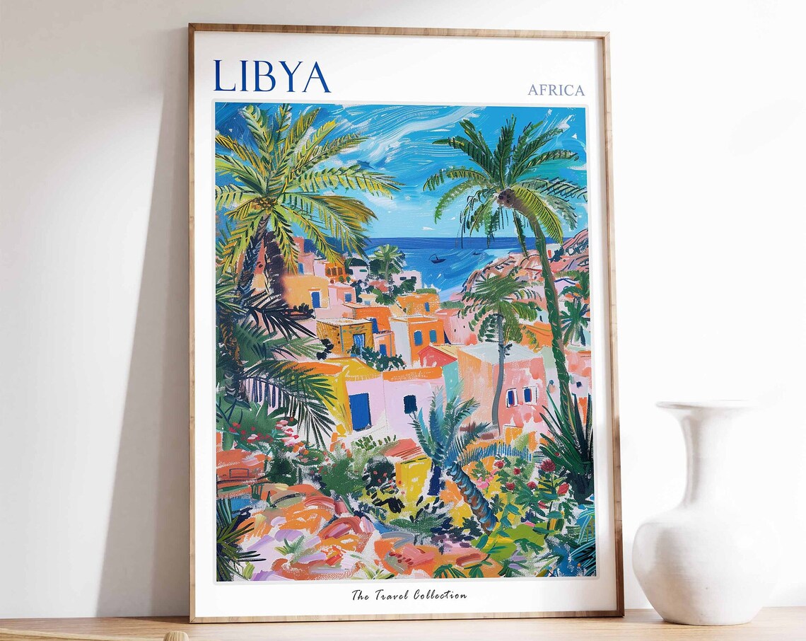 Libya Africa Coastal Village Travel Poster Palms Boats Seaside Art