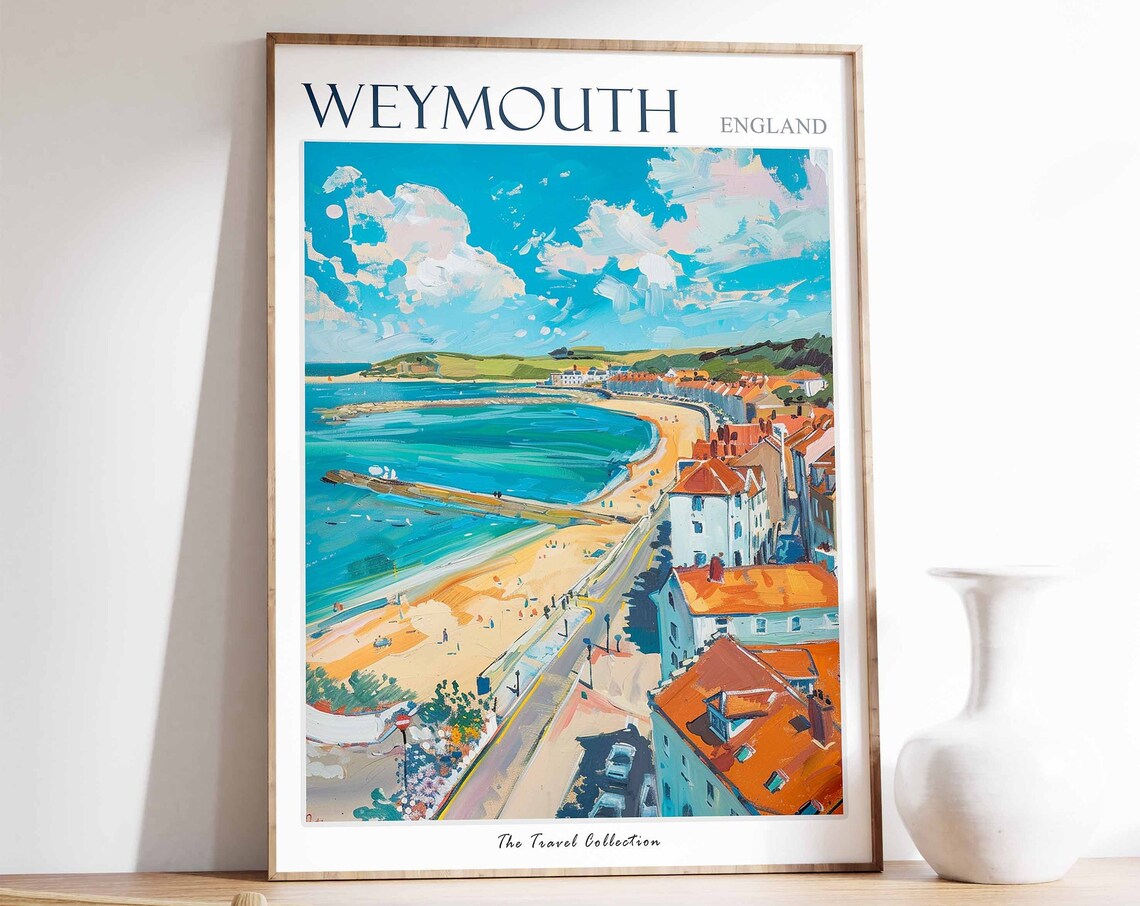 Weymouth England Sandy Beach Pier Harbor Scene Painting Travel Poster