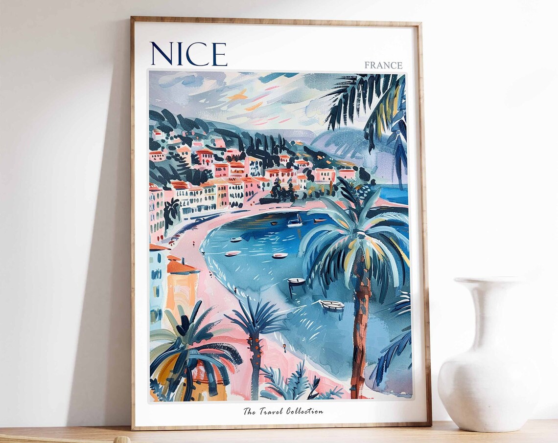 Nice France Travel Poster, Tropical Coastal Decor