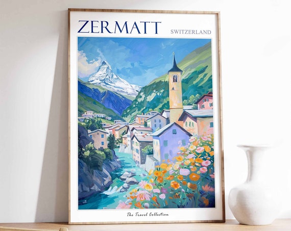 Zermatt Poster Zermatt Travel Print Zermatt Gift Skiing Wall Art Alpine Travel Poster Switzerland Wall Art Swiss Travel Print