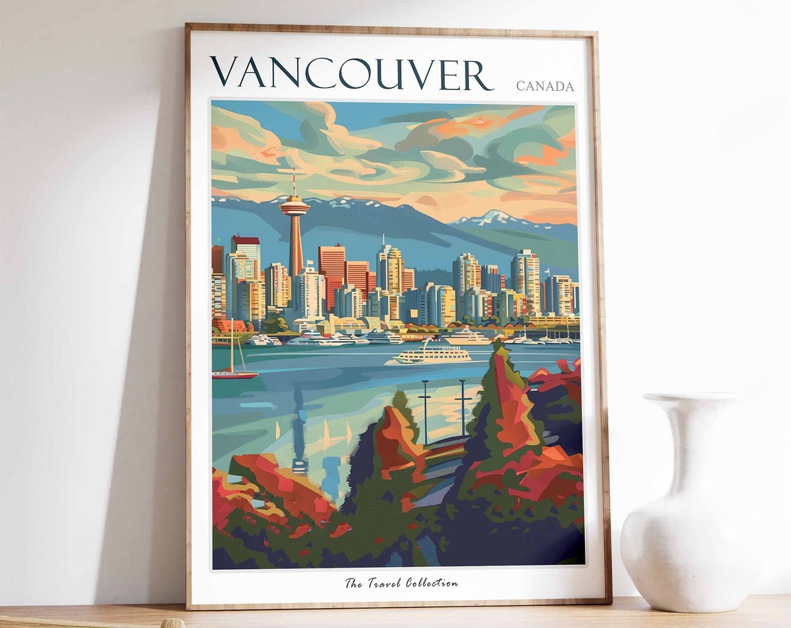Vancouver Canada Painted Skyline Harbor Mountains Autumn Trees Poster