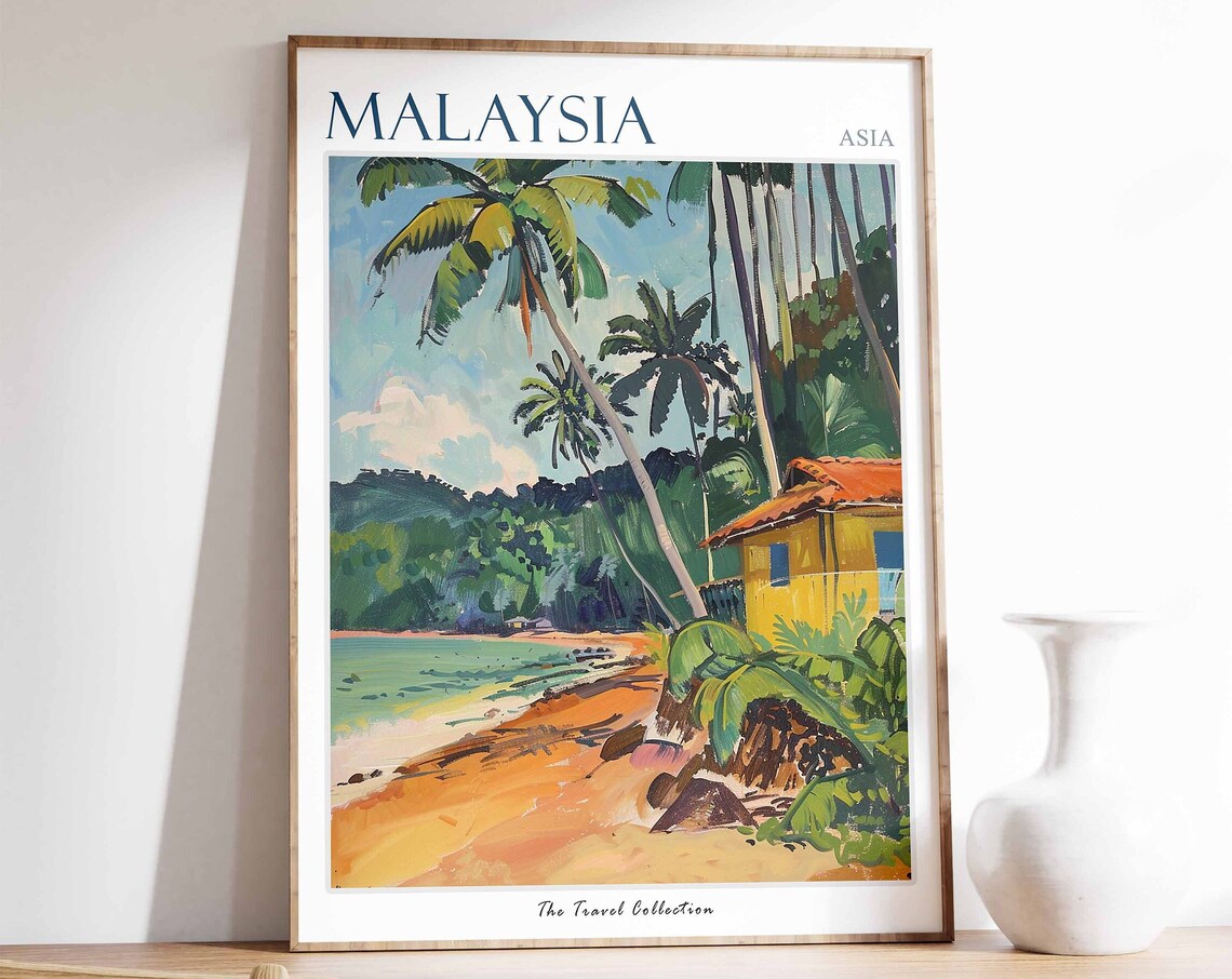 Malaysia Asia Tropical Beach Palm Trees Orange Sand Travel Poster