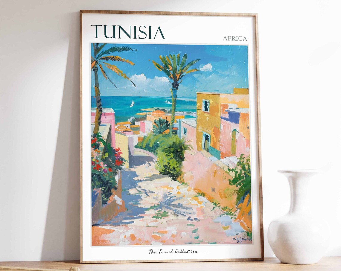 Tunisia Africa Sunlit Coastal Alley Palms Sailboats View Poster