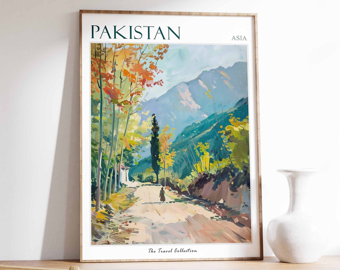 Pakistan Asia Mountain Valley Golden Autumn Path Travel Art Poster