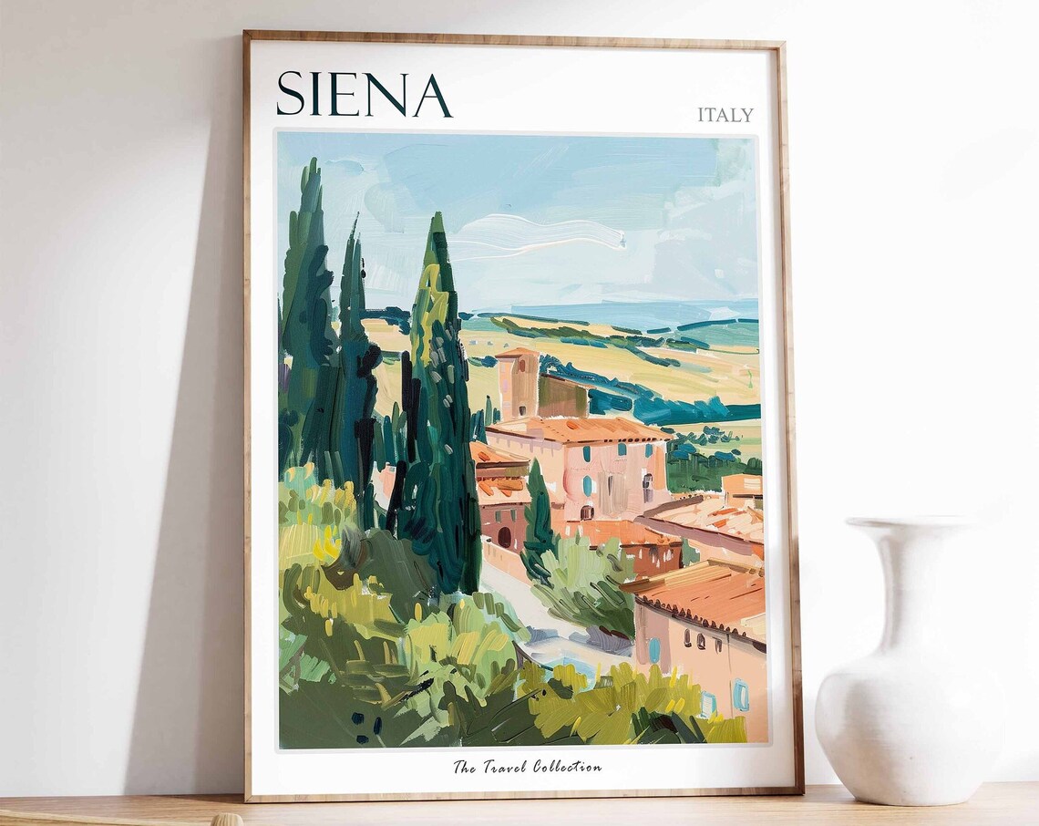 Siena Italy Cypress Trees Hillside Village Tuscan Travel Poster