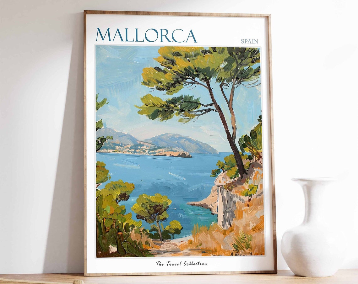 Mallorca Spain Coastal Pine Cliffs and Turquoise Bay Painterly Poster