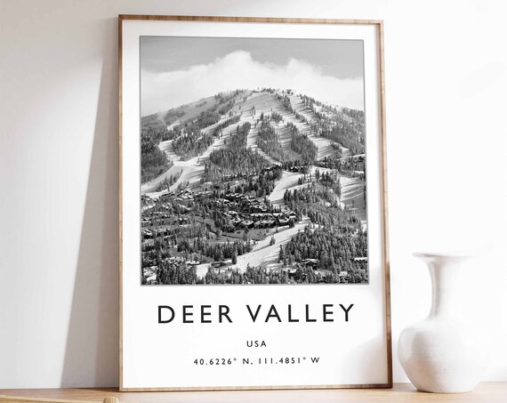 Deer Valley USA Black and White Ski Photo Coordinates Travel Poster