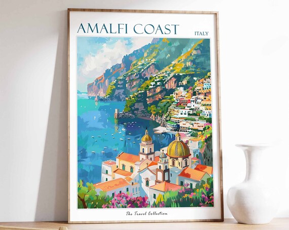 Amalfi Coast Poster Amalfi Travel Print Italy Travel Poster Tropical Decor Beach Art Travel Gift Floral Print Botanical Print