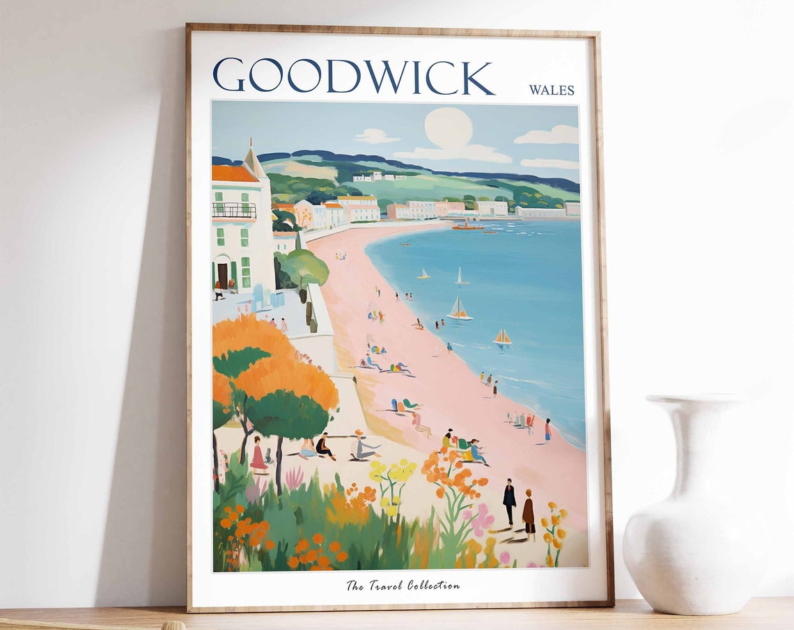 Goodwick Wales Sunlit Beach Promenade White Seafront Houses Poster