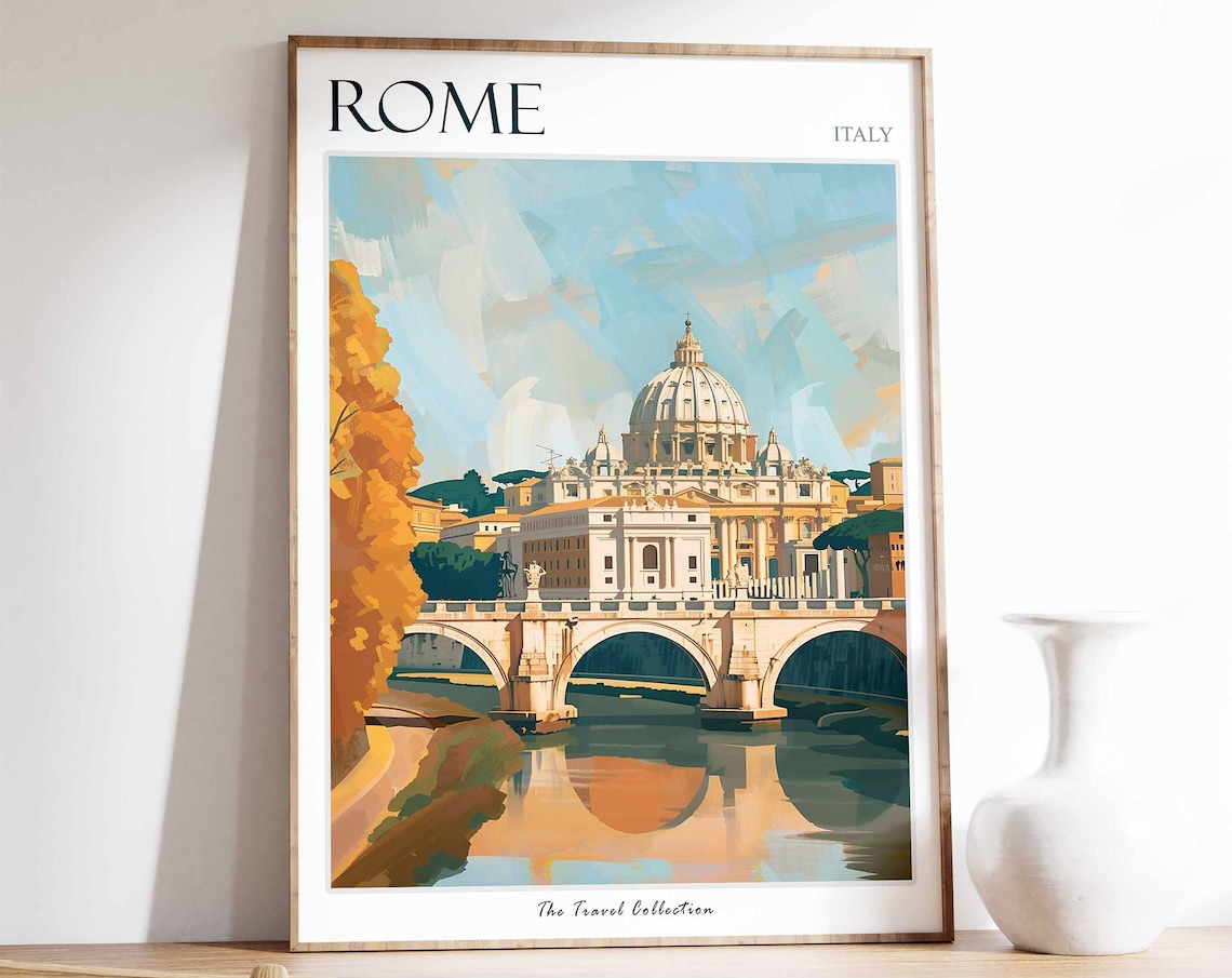Rome Italy Colorful St Peters Basilica Bridge River Art Travel Poster