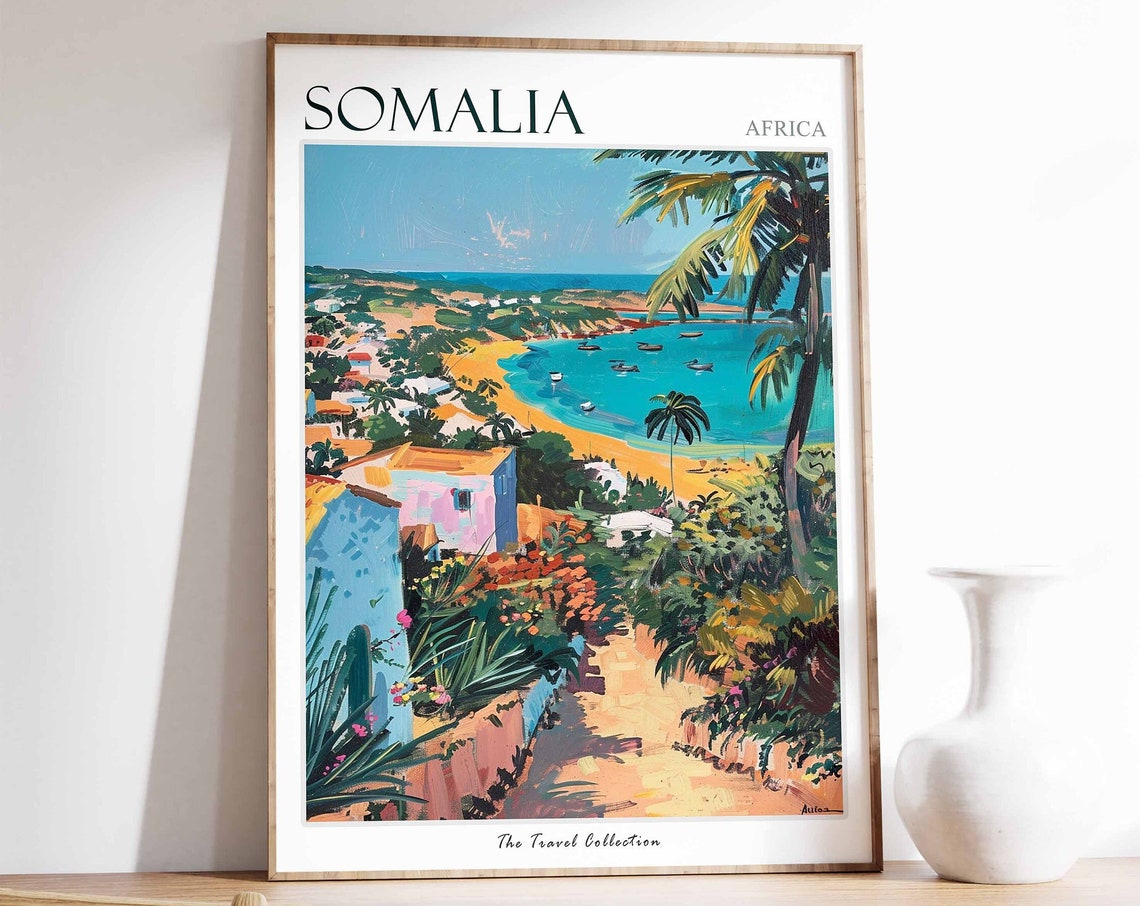Somalia Sandy Beach Bay Boats Coastal Hillside Houses Poster