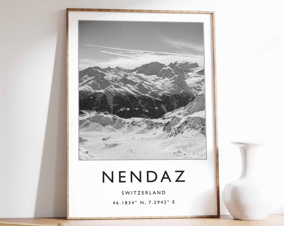 Nendaz Switzerland Black and White Alpine Peaks Ski Resort Poster