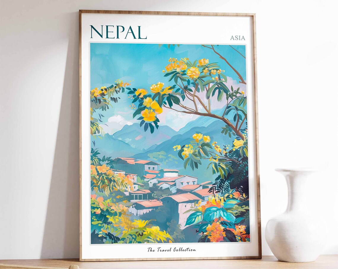 Nepal Asia Mountain Village Yellow Blossom Impressionist Travel Poster