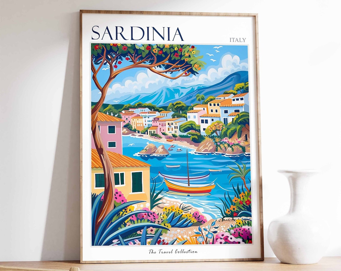 Sardinia Italy Colorful Coastal Village Harbor Boats Painting Poster