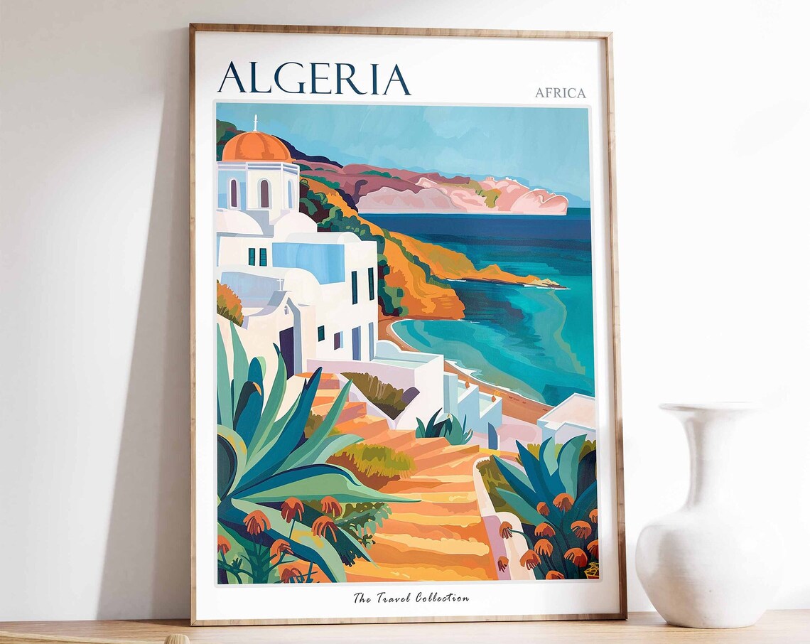 Algeria Africa White Chapel Steps Blue Bay Coastal Travel Poster