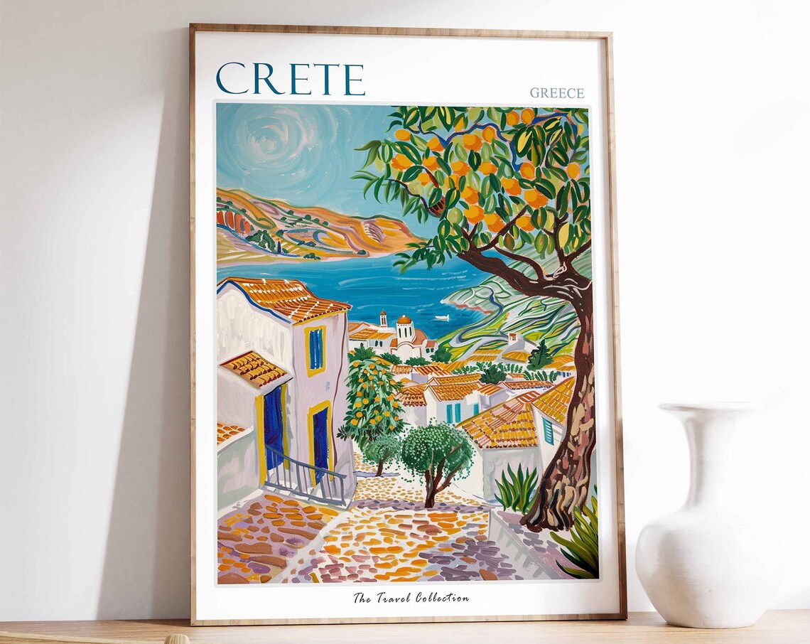 Crete Travel Poster, Greek Coastal Decor