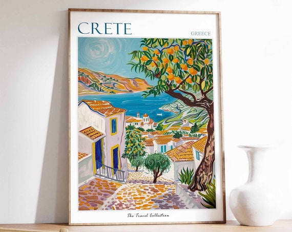 Crete Travel Poster, Greek Coastal Decor