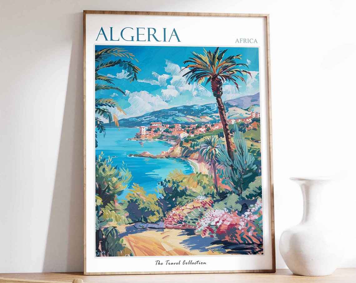 Algeria Africa Palm Framed Coastal Bay Town Sunny Travel Poster