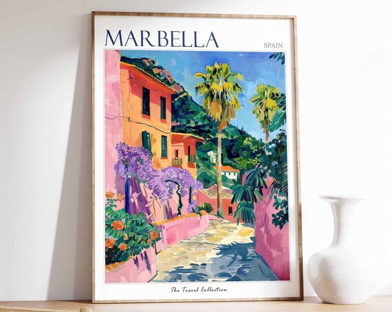 Marbella Poster Marbella Travel Print Spain Travel Poster Tropical Decor Beach Art Travel Gift Floral Print Coastal Decor