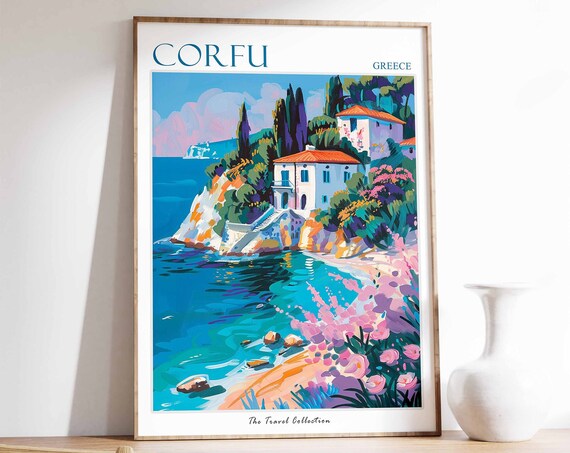 Corfu Poster Corfu Travel Print Greece Travel Poster Tropical Decor Beach Art Floral Print Botanical Art Travel Wall Art