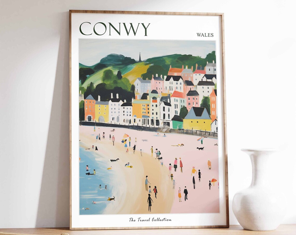 Conwy Wales Pastel Beach Town Green Hills Summer Painting Poster