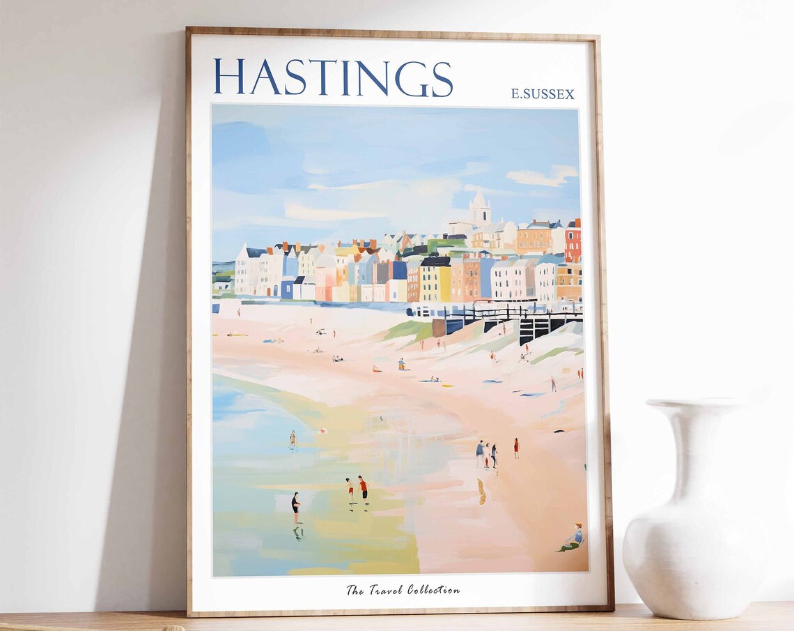 Hastings East Sussex Pastel Beach Walkers Peaceful Seaside Poster