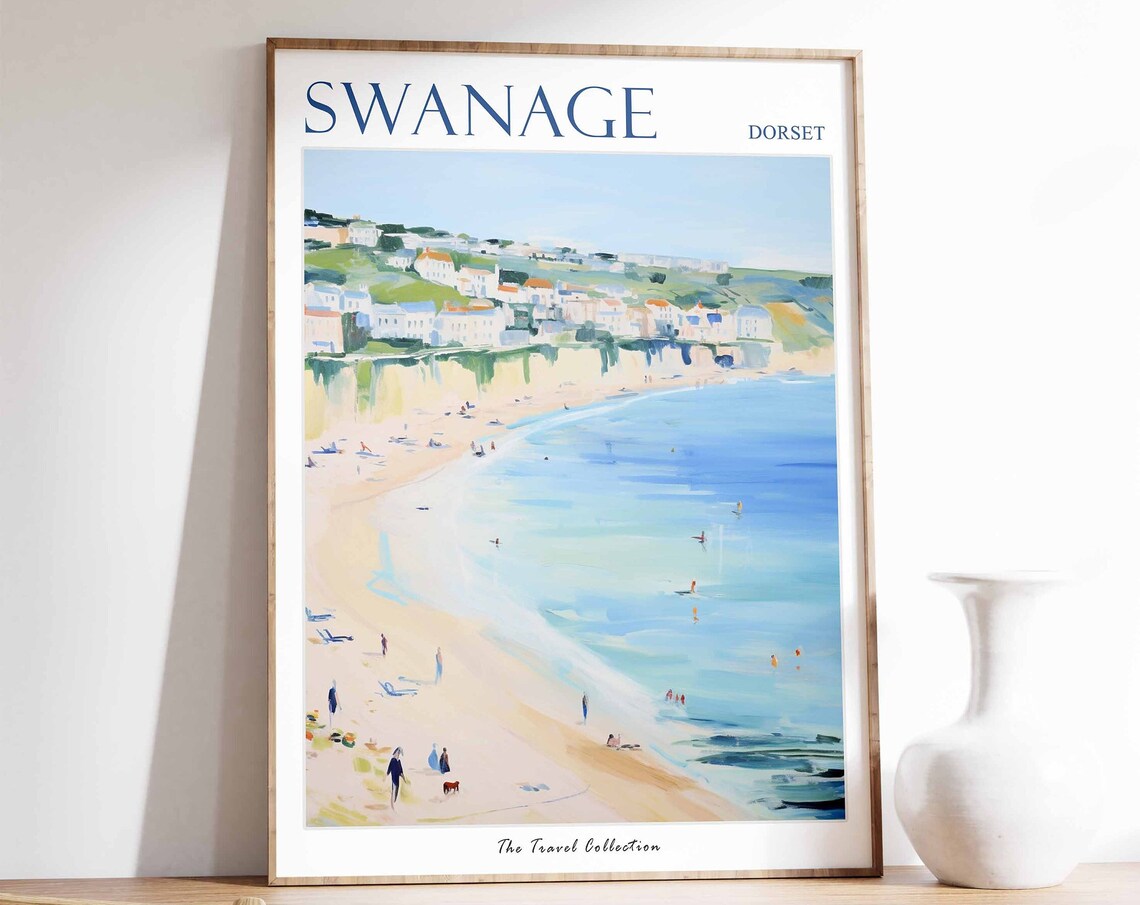 Swanage Dorset Beach Painting of a Seaside Town Summer Travel Poster