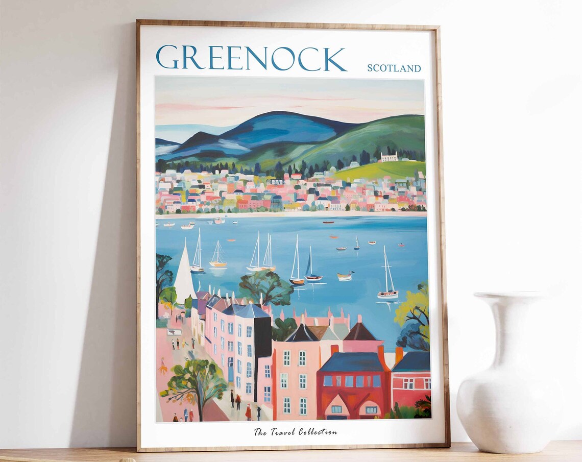 Greenock Scotland Clyde Estuary Sailboats Hillside Town Poster