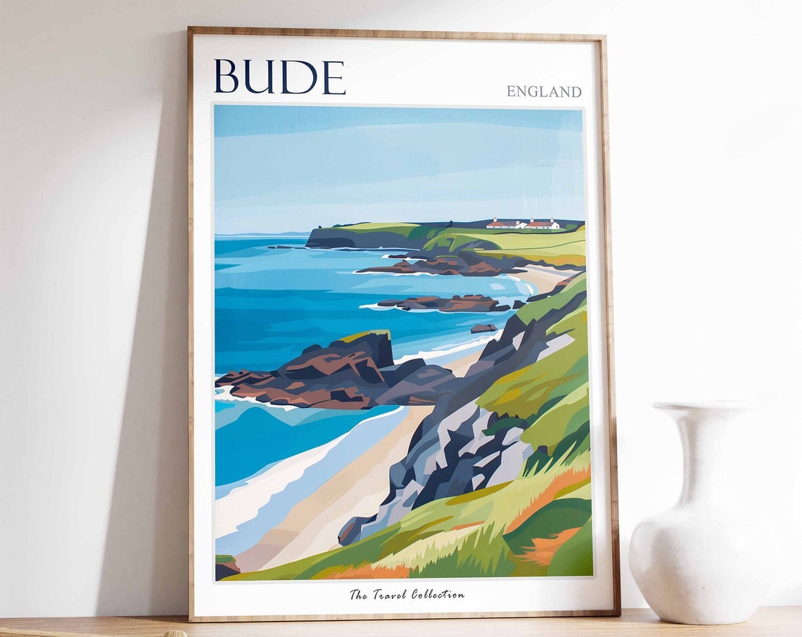 Bude England Rocky Cliffs Ocean Coastline Bold Travel Poster