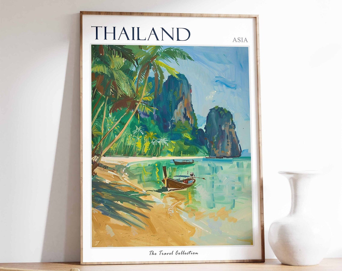 Thailand Asia Tropical Beach Limestone Karsts Longtail Boat Poster